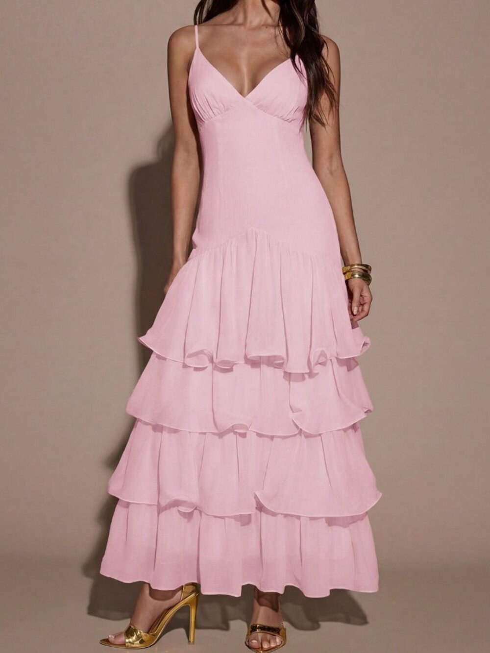 Baby Pink Sexy Women's Ruffled Hem Elegant Spaghetti Strap Dress